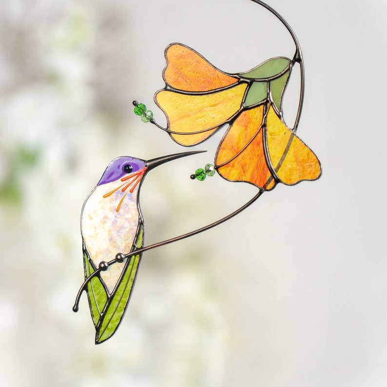 Hummingbird stained glass bird suncatcher Mom gifts Modern stained glass window hangings Custom stained glass flower suncatcher