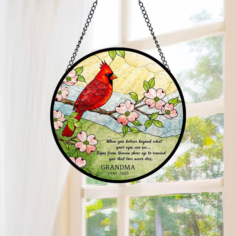 Memorial Cardinal Suncatcher, Custom Stained Glass Window Hanging, Grandma Loss Sympathy Gift, Cardinal Sign from Heaven, Remembrance Gift