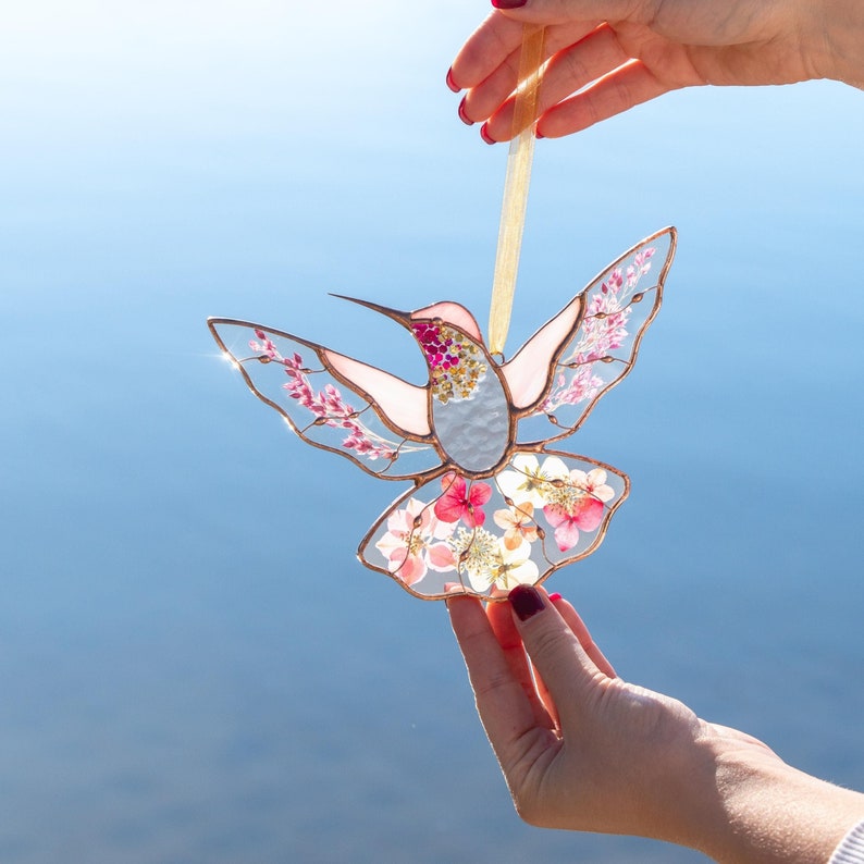 Hummingbird Stained Glass Window Hangings Mothers Day Gift Pressed Flower Art Custom Stained Glass Hummingbird Suncatcher Gifts For Mom