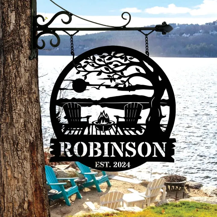 Custom Lakehouse Sign, Tree Chairs Dock on Lake House Scene Sunset sign, Cabin Decor,Lakehouse Decor,Custom Family Name Sign,Outdoor Sign