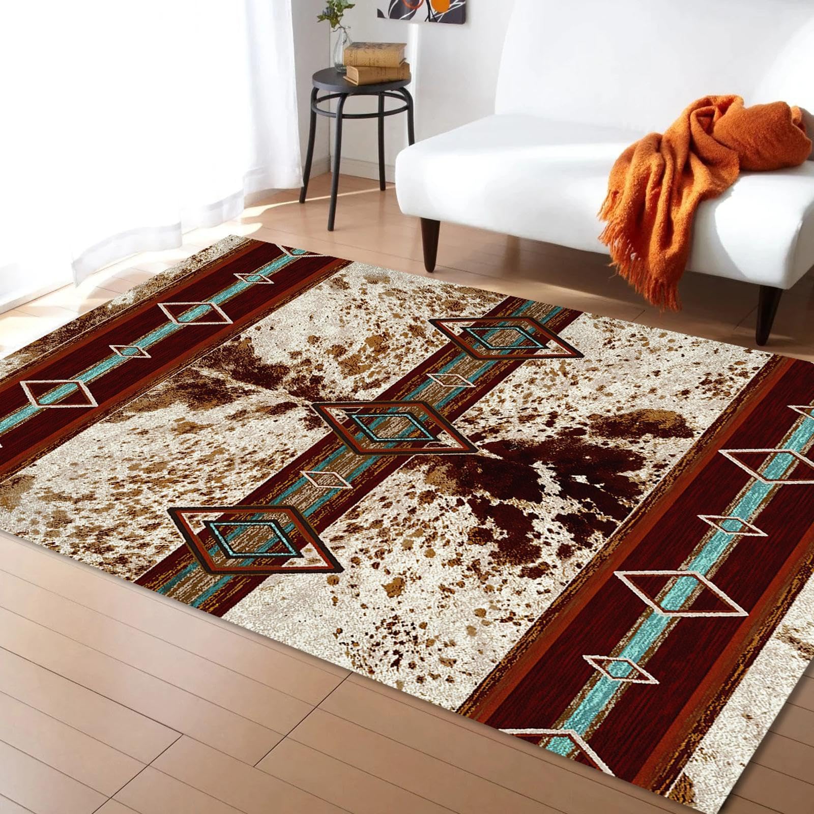 Combo Southwest Faux Cowhide Area Rug and 4 Pcs Non-Slip Rug Tape for Living Room, Bedroom, Southwestern Area Rugs