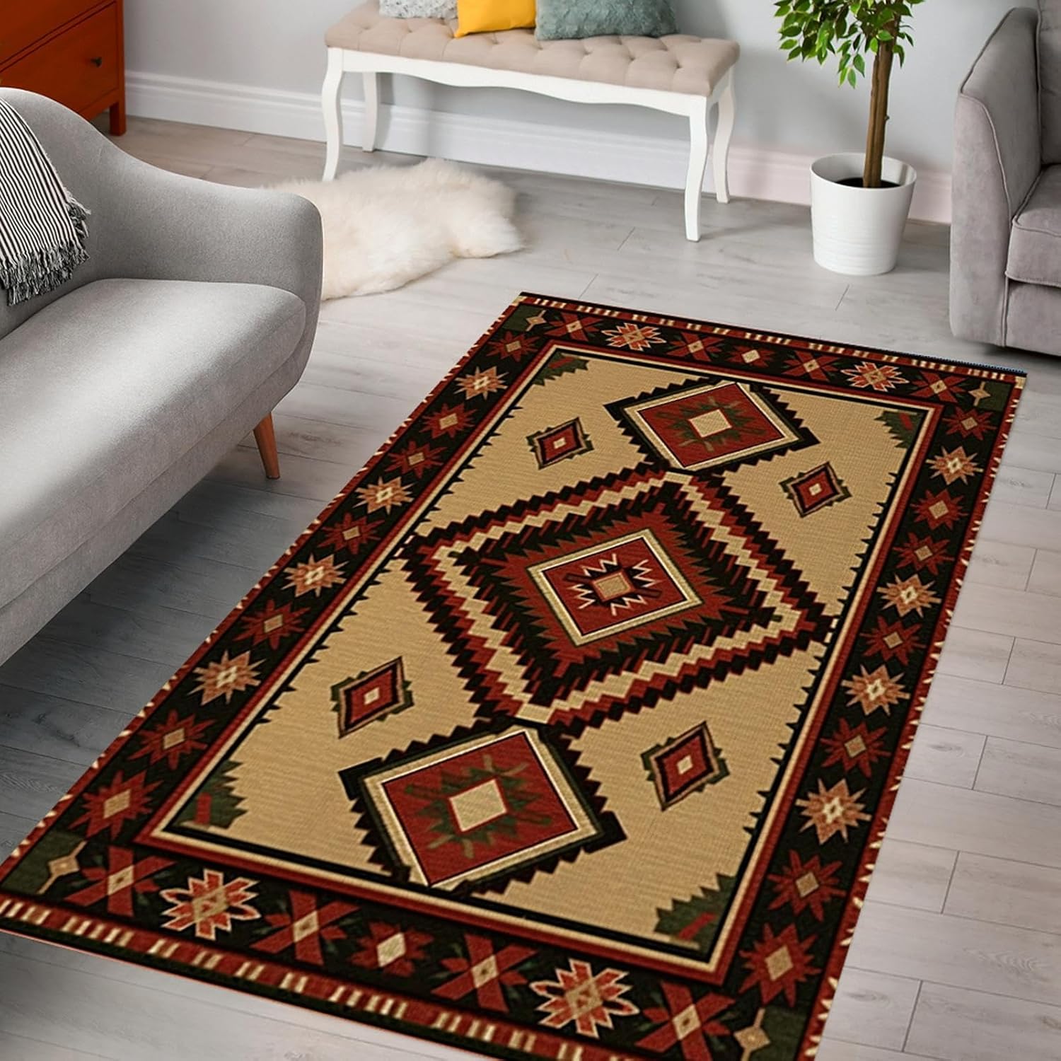 Area Rug and 4 Pcs Non-Slip Rug Tape for Living Room, Bedroom, Southwestern Area Rugs