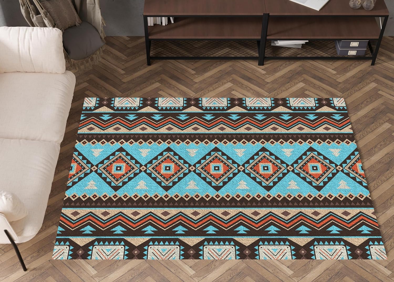 Area Rug and 4 Pcs Non-Slip Rug Tape for Living Room, Bedroom, Southwestern Area Rugs
