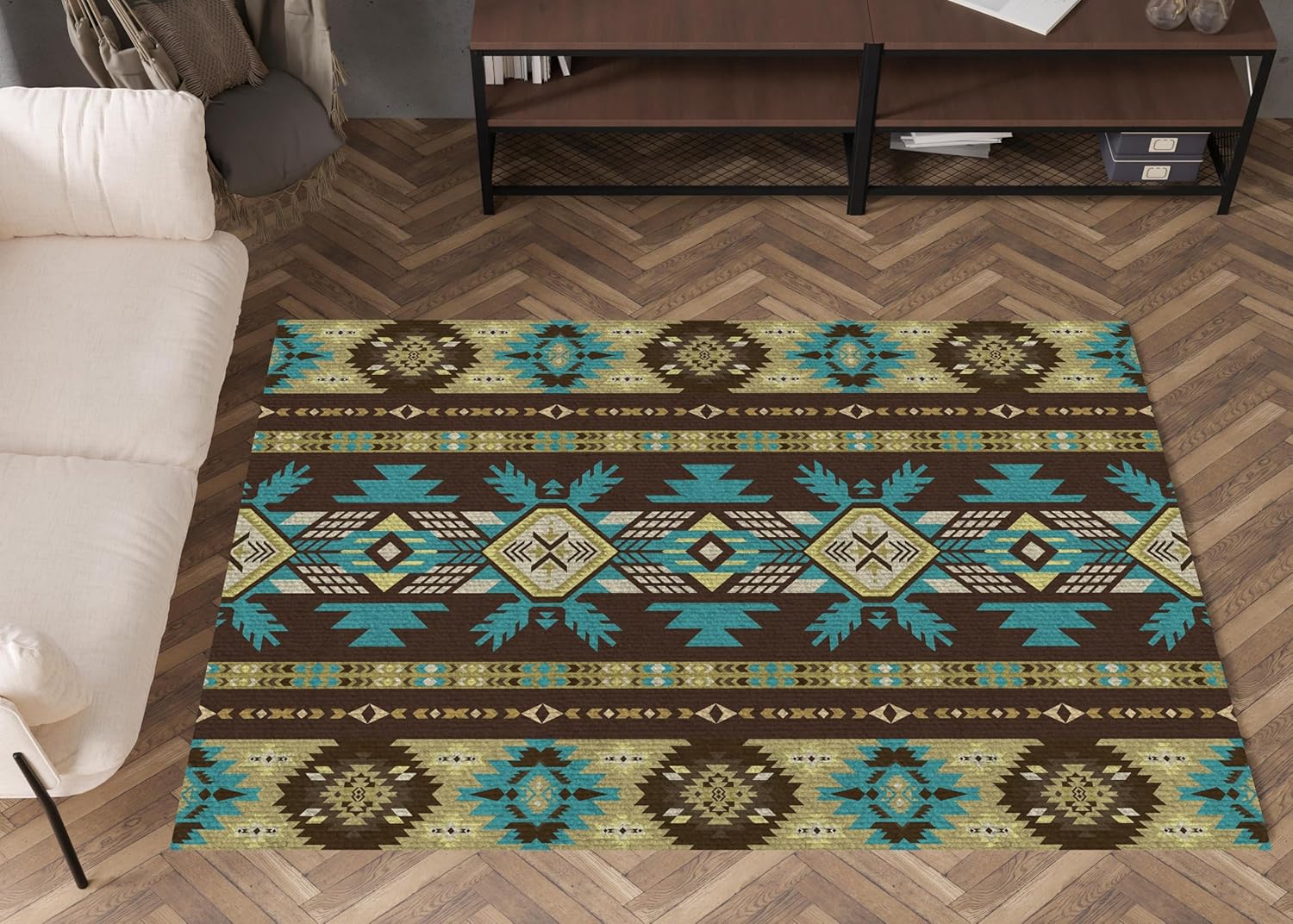 Area Rug and 4 Pcs Non-Slip Rug Tape for Living Room, Bedroom, Southwestern Area Rugs