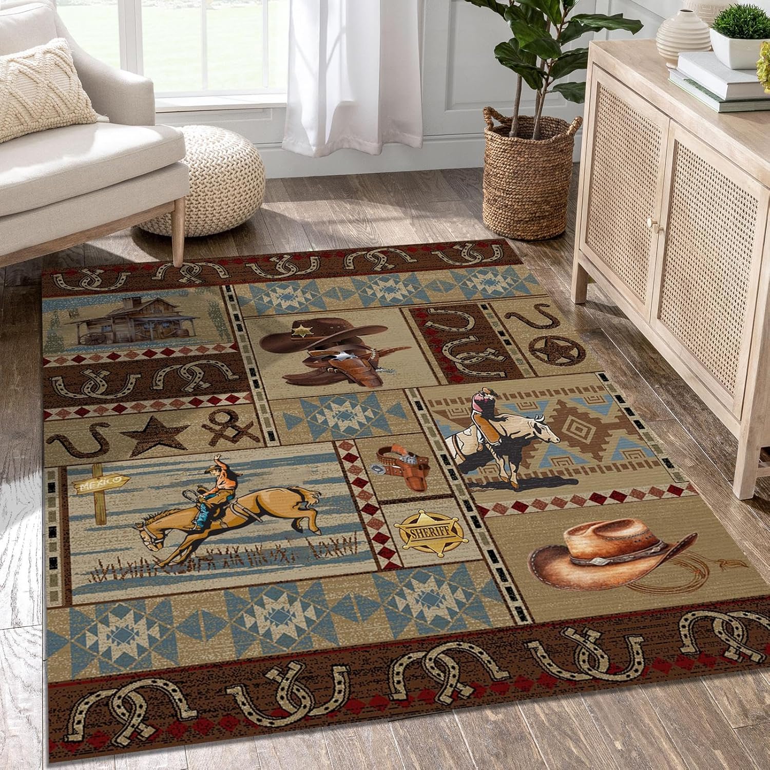 Combo Southwest Faux Cowhide Area Rug and 4 Pcs Non-Slip Rug Tape for Living Room, Bedroom, Southwestern Area Rugs