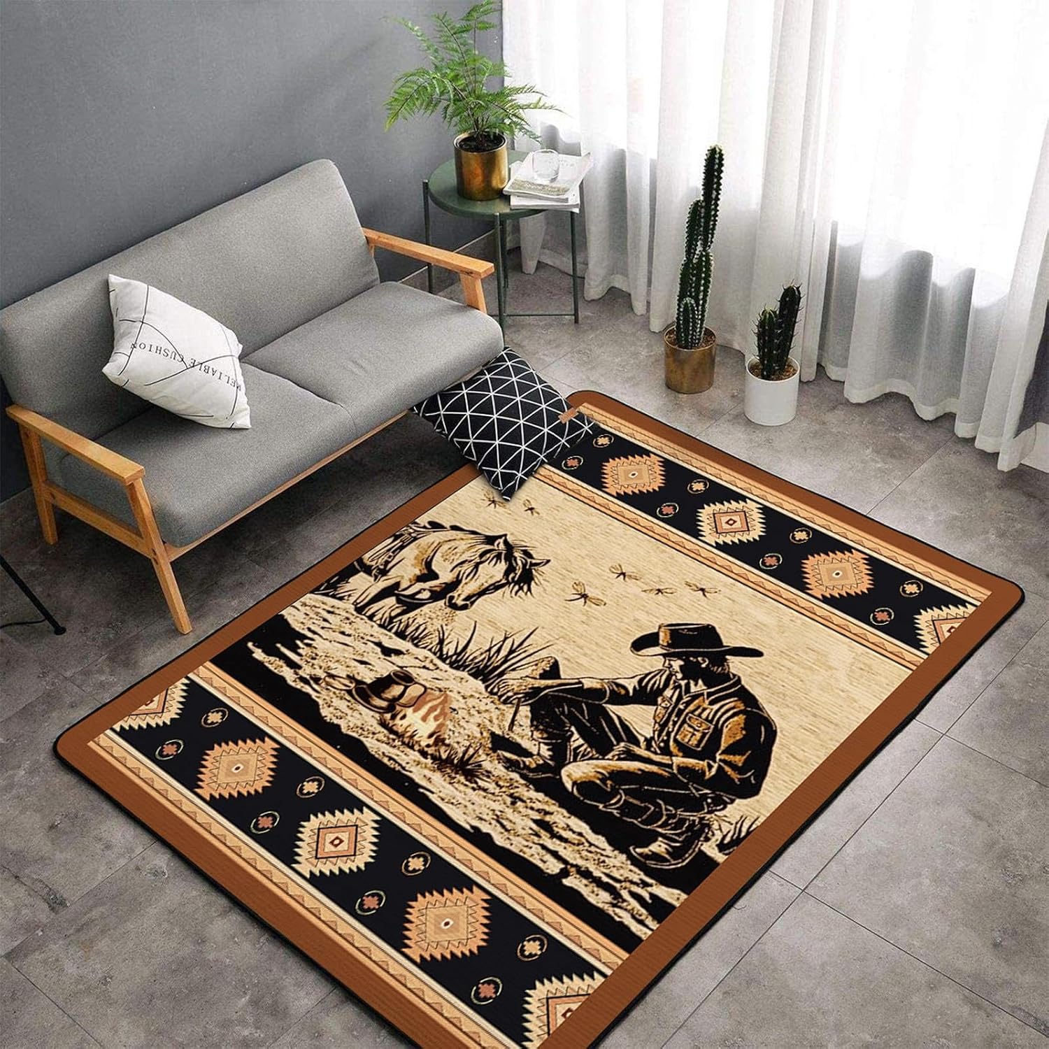 Area Rug and 4 Pcs Non-Slip Rug Tape for Living Room, Bedroom, Southwestern Area Rugs