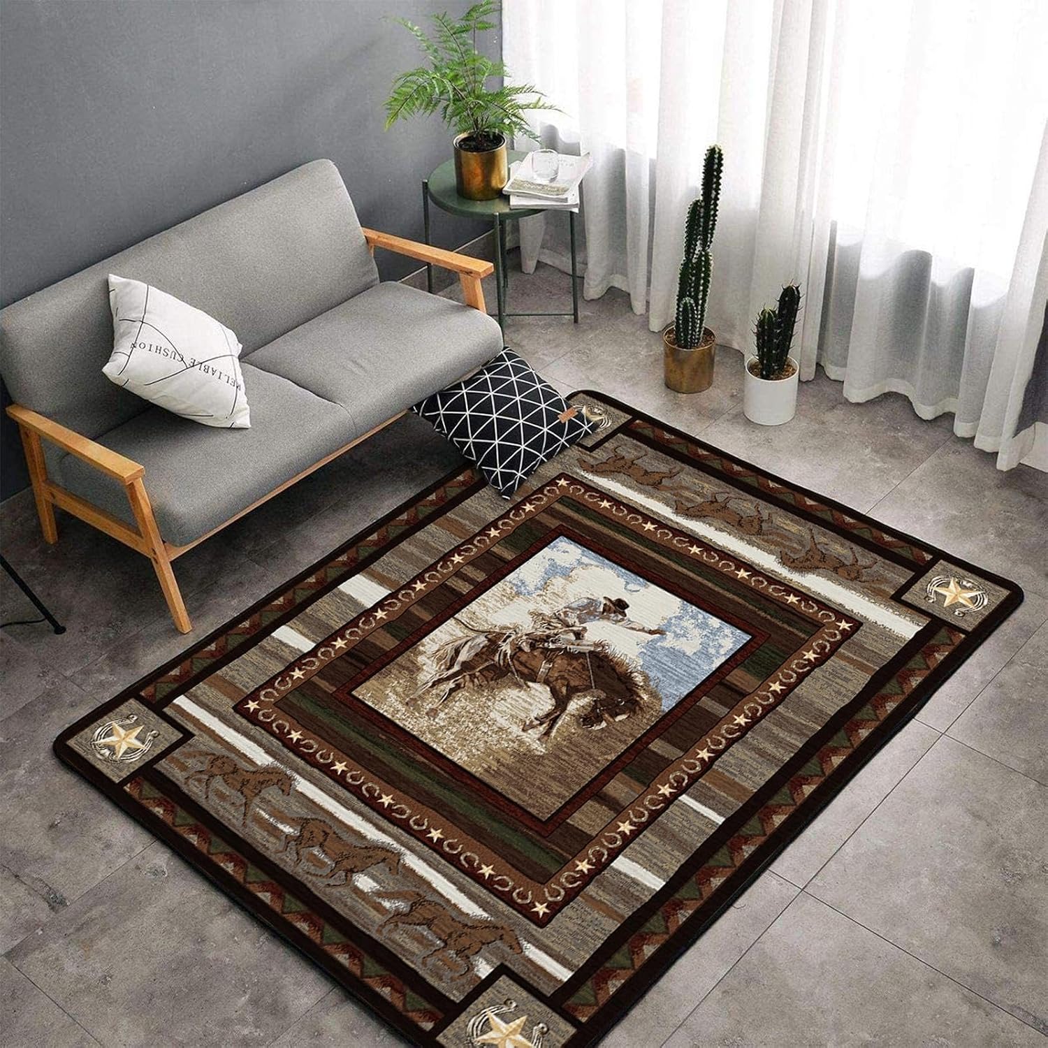Area Rug and 4 Pcs Non-Slip Rug Tape for Living Room, Bedroom, Southwestern Area Rugs
