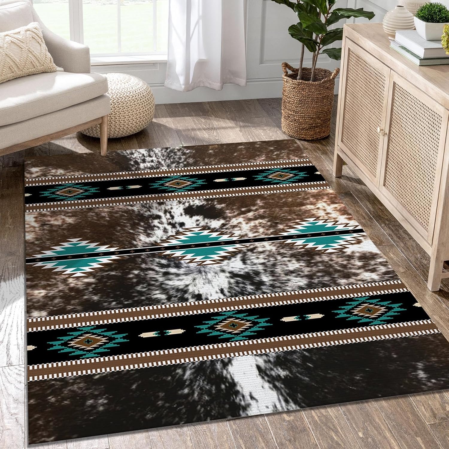 Area Rug and 4 Pcs Non-Slip Rug Tape for Living Room, Bedroom, Southwestern Area Rugs