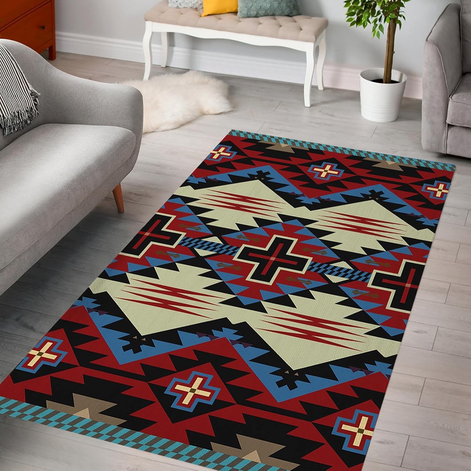 Area Rug and 4 Pcs Non-Slip Rug Tape for Living Room, Bedroom, Southwestern Area Rugs