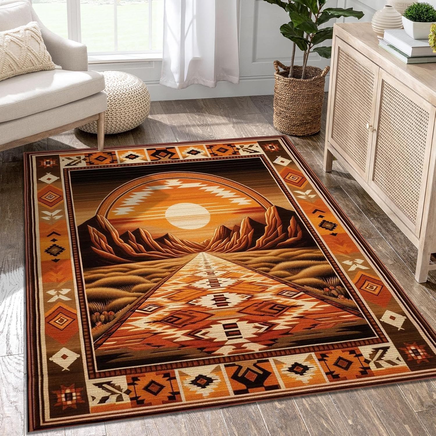 Area Rug and 4 Pcs Non-Slip Rug Tape for Living Room, Bedroom, Southwestern Area Rugs