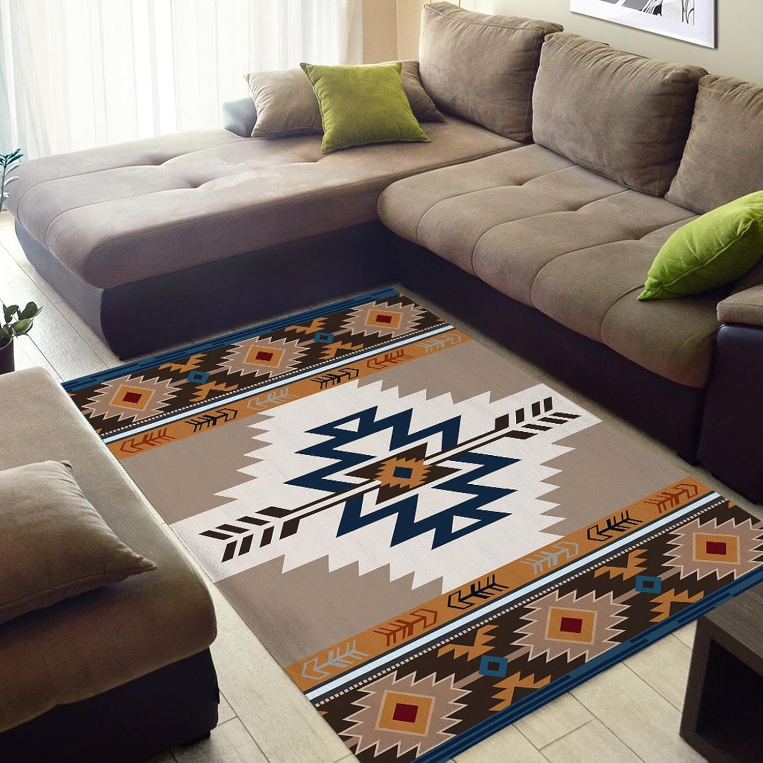 Area Rug and 4 Pcs Non-Slip Rug Tape for Living Room, Bedroom, Southwestern Area Rugs