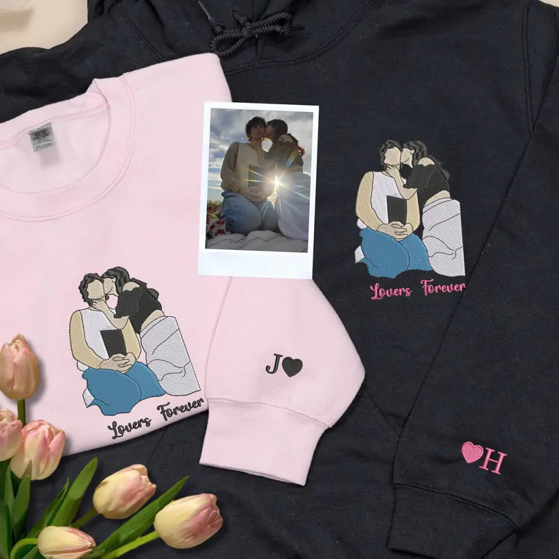 Personalized Embroidered Portrait Sweatshirt, Custom Photo Hoodie, Couple Sweatshirt, Memorial Hoodies with Pictures