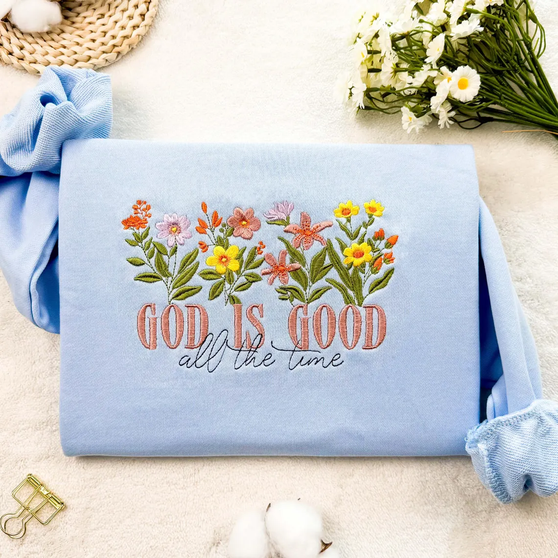 Embroidered God is Good Wildflower Sweatshirt, Botany Embroidered Hoodie, Cottage Core Embroidery T-shirt,Crew Neck Sweatshirt