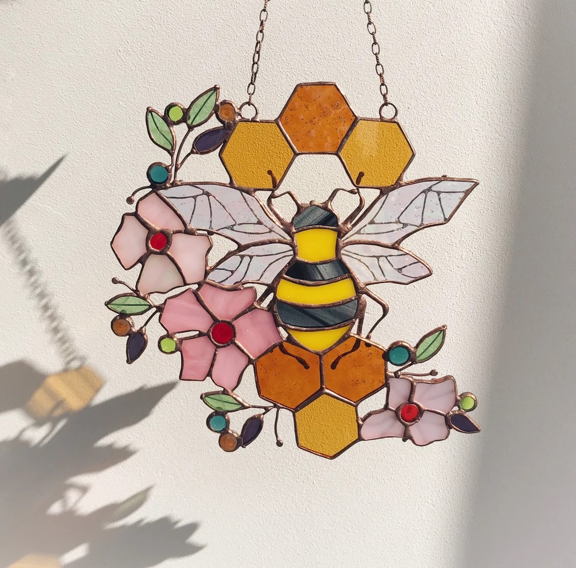 Yellow Suncatcher Honeycomb Stain Glass Home House Decor Panel Spring Window Wall Hanging Corner, mothers day gift for grandma