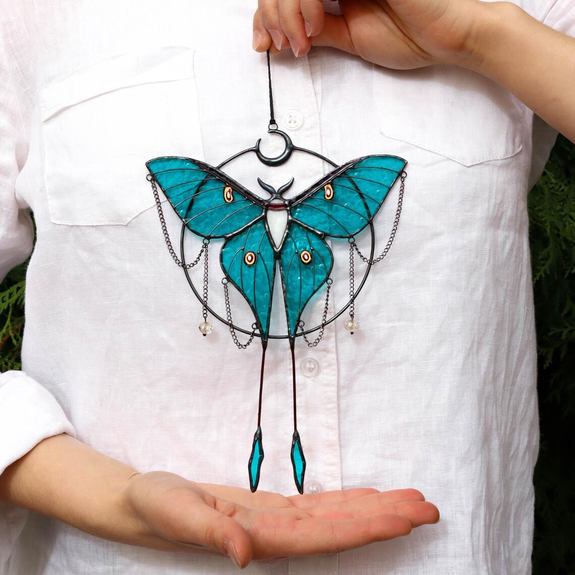 Luna moth butterfly suncatcher, stained glass window hangings, Christmas ornament, gift for mom, handmade gift, modern wall art, garden art