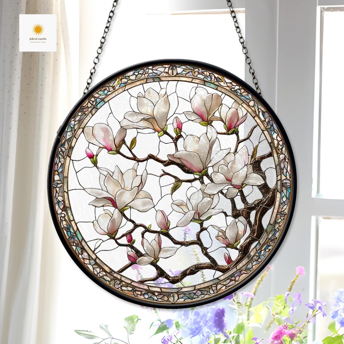White Magnolia Faux Stained Glass Suncatcher, Spring Flower Suncatcher, Flower Glass Art, Mom Birth Flower Suncatcher, Nature Inspired Art