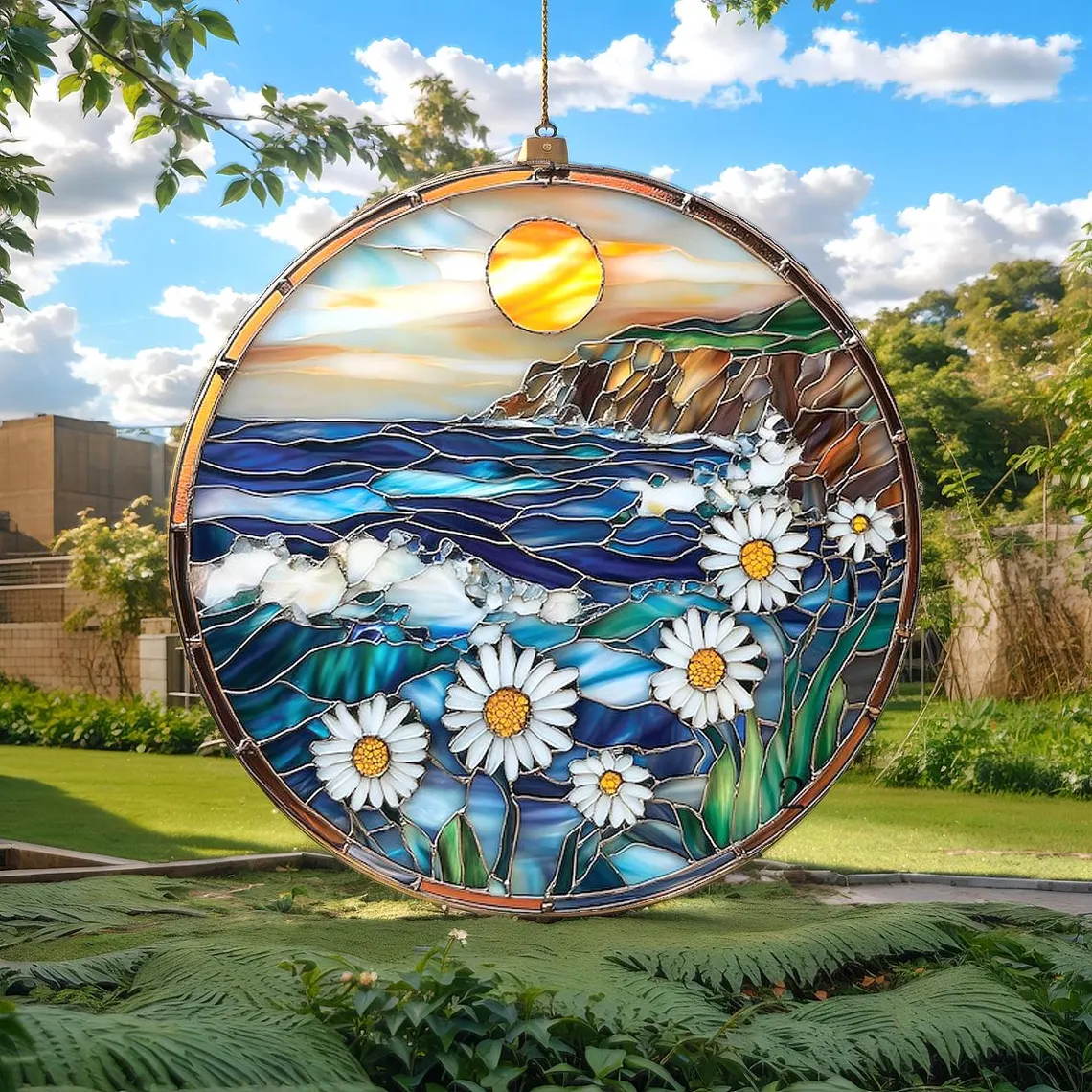 Daisy Flowers Ocean Suncatcher – Faux Stained Glass Window Hanging & April Birthday Gift